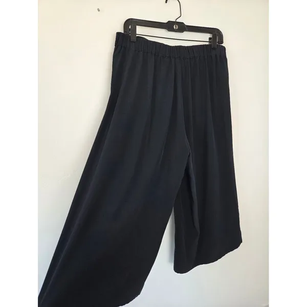 Elaine Kim 100% Silk Wide Leg Cropped Pants Lightweight Navy Blue Pull On Large - Image 7