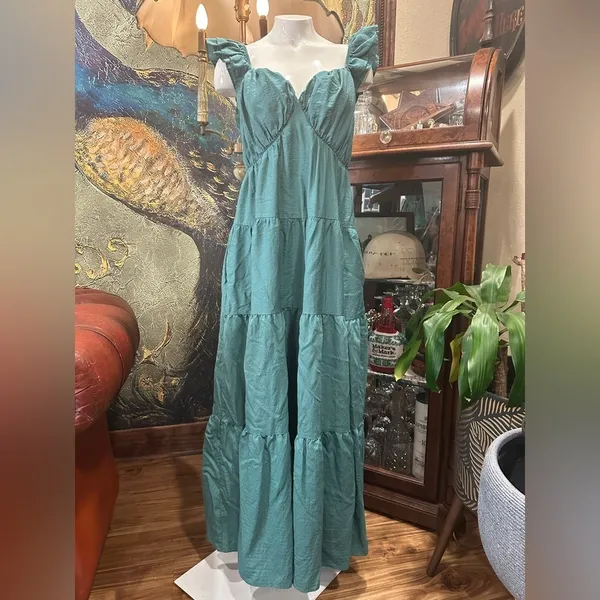 Davi & Dani Boho Minimalist Tiered Maxi Dress Teal Blue Flutter Sleeve Large - Image 4