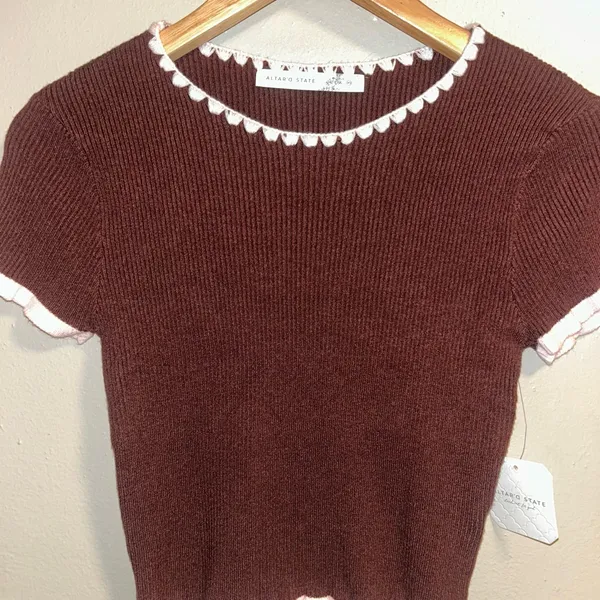 Altar'd State Brown Knit Tee with Pink Trim - Image 2