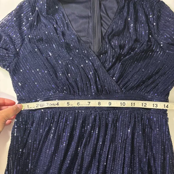 Navy Blue Sequin Wrap V-Neck Long Sleeve Lace Trim Cocktail Dress Evening Party - Image 15