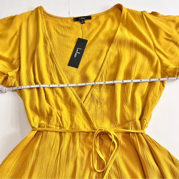 NWT Lulus Harbor Point Mustard Yellow Flutter-Sleeve‎ Mini Wrap Dress MEDIUM - Image 7