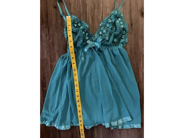 Vintage Y2K Sheer Babydoll Slip Lingerie Turquoise Sz L - Image 5