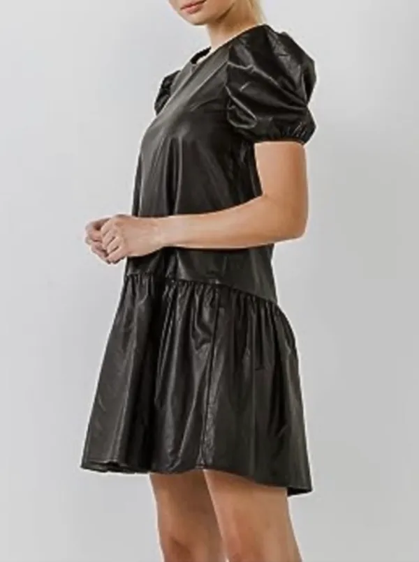 English Factory Faux Leather Puff Sleeve Dress Black - Image 2