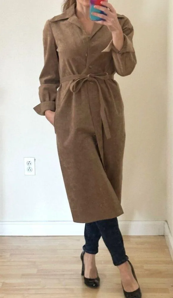 Vintage 70s Faux Suede Button Front Belted Jacket/Dress Sz S/M - Image 2