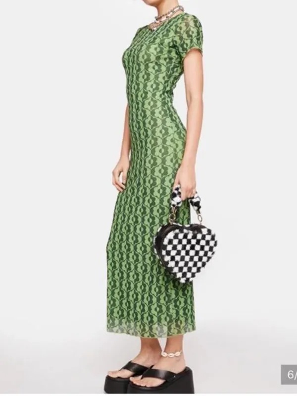 Motel Rocks Happyella Retro Midi Dress in wavy daisy green w/ geometric pattern #st.patricksday #bodycon #grunge - Image 2