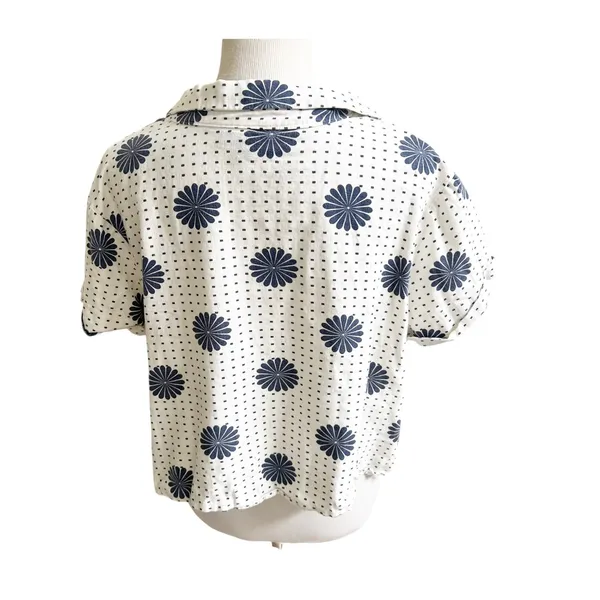 Modcloth Cropped Blouse Womens XL White Floral Dot Linen Blend Tie Front Beachy - Image 2