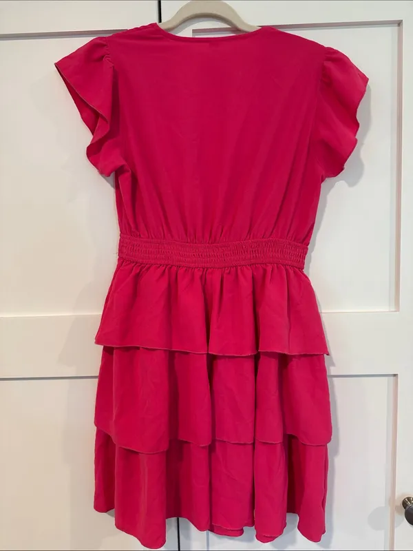Bright Pink Tiered V-Neck Women's Dress - Image 2