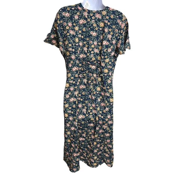 Vintage 90s Caroline Wells Ditsy Floral Cottagecore Button Front Midi Dress 8 - Image 2