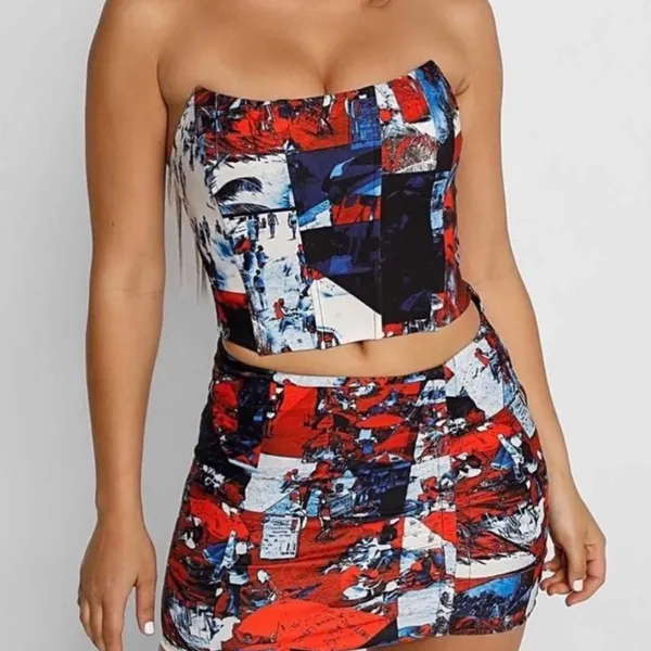 Tiger Mist Stylish Red and Blue Tropical Tube Top Corset With Tie Back‎ Small S - Image 2