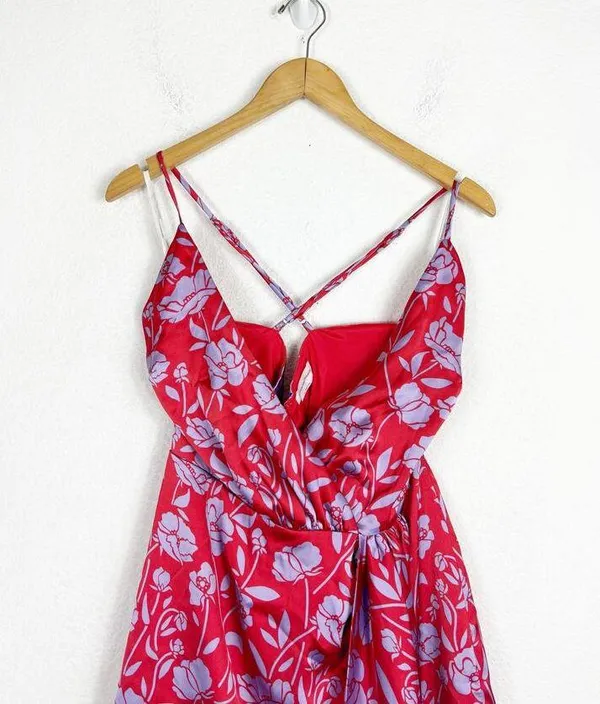 Revolve Lovers + Friends Kamala Mini Dress Medium Red Purple Floral Satin Draped - Image 4