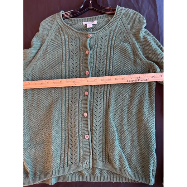 Coldwater Creek Green Cotton Pointelle Cable Knit Button Cardigan Sweater L - Image 3