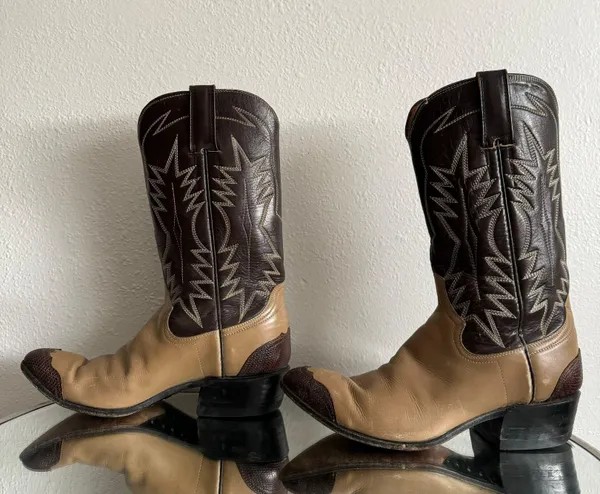 Vintage Brown Tan Leather Western Festival Wingtip Mid Calf Heeled Cowboy Boots - Image 12