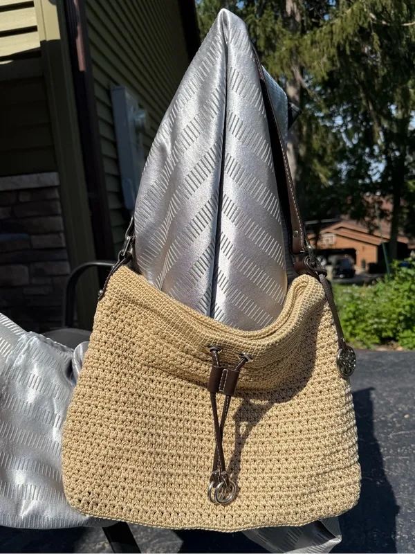 The Sak Crocheted Shoulder/ Hobo Bag, Tan/Khaki, Brown Leather Trim - Image 2