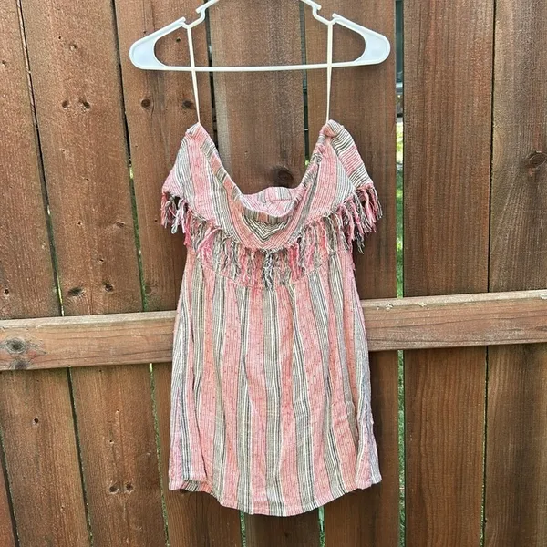 Billabong Strapless Fringe Chevron Striped Mini Dress - Image 4