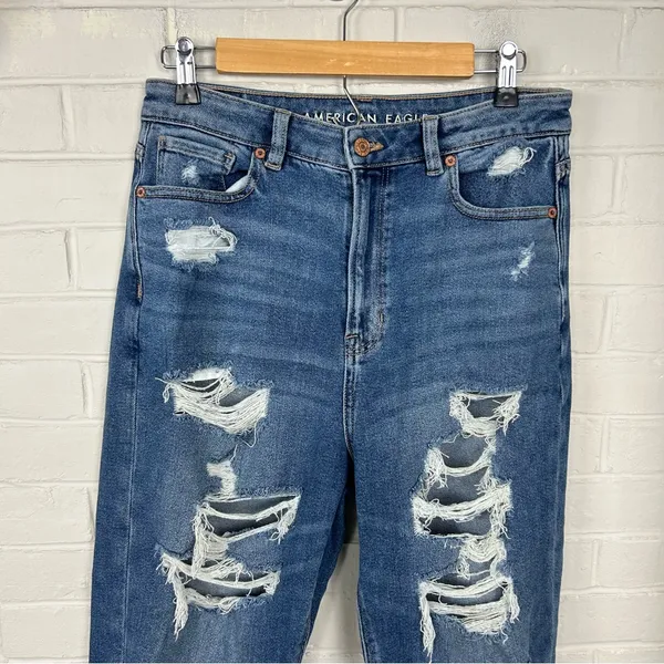 American Eagle Distressed Highest Rise Mom Jeans Size 10 - Image 5