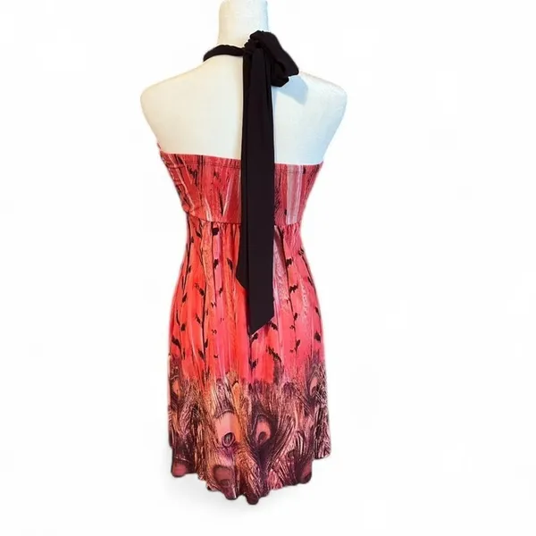 La Belle Vintage Y2K Pink Peacock Halter‎ Mini Dress Small Beach Festival Boho - Image 2
