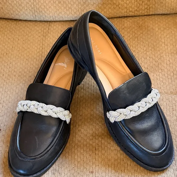 Gianni Bini Black Leather Loafers with Rhinestone Braid Trim - Image 6