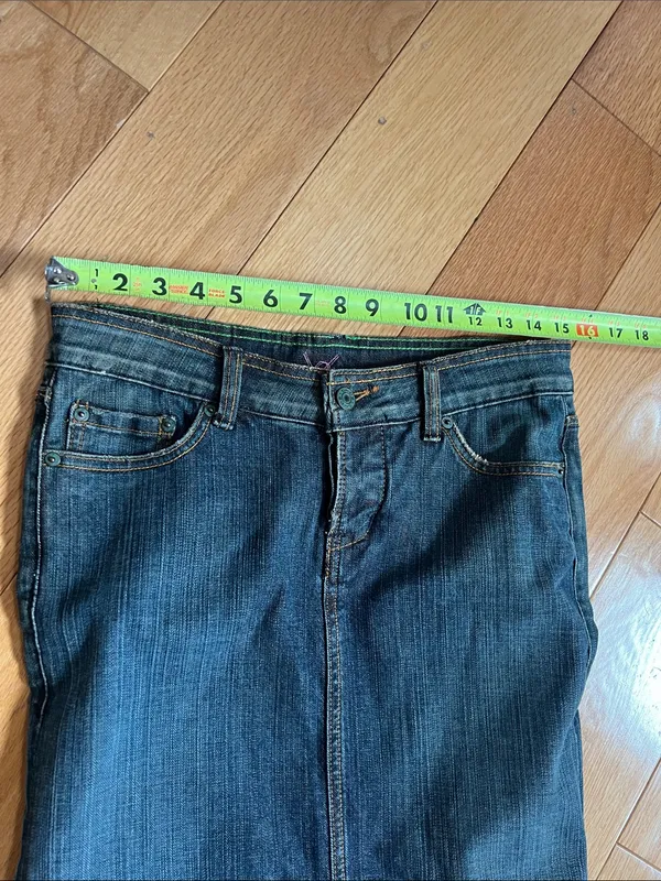 bebe vintage long denim skirt beaded Logo Dark raw edging Denim button fly - Image 8