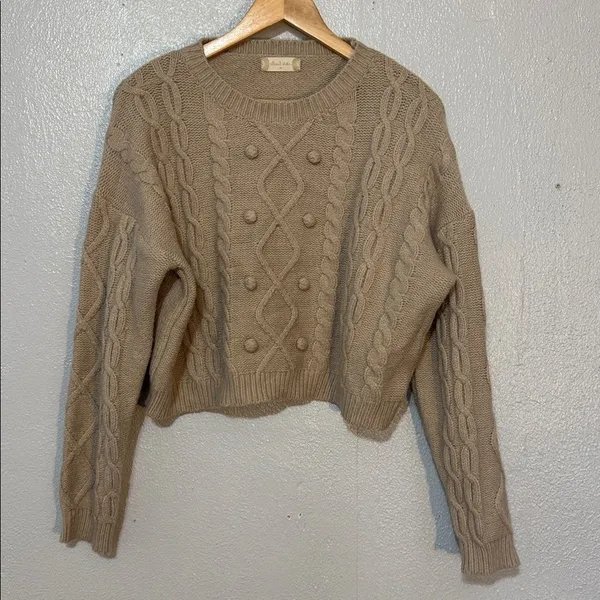 Altar'd State Beige Cropped Cable Knit Chunky Bobble Sweater Cozy Preppy Pom M - Image 6
