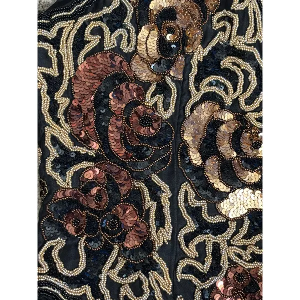 Vintage 90s‎ Black Tie Silk Beaded Metallic Sequin Open Front Vest Gold Bronze - Image 9