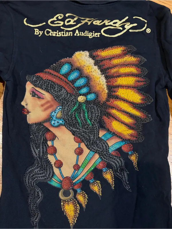 Ed Hardy Women’s M Medium Black Button Polo Long Sleeve Rhinestone Angel Shirt - Image 7