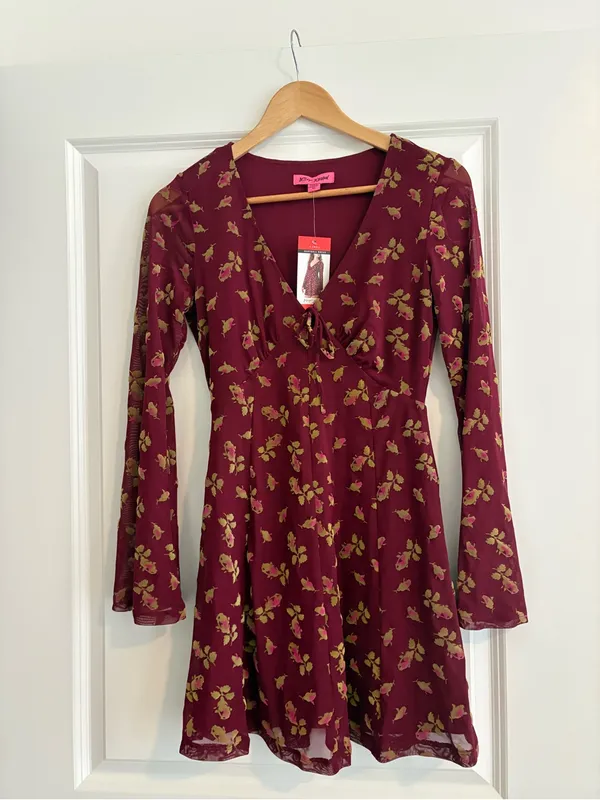 Betsey Johnson Burgundy Floral Long-Sleeve Mini Dress - Image 4