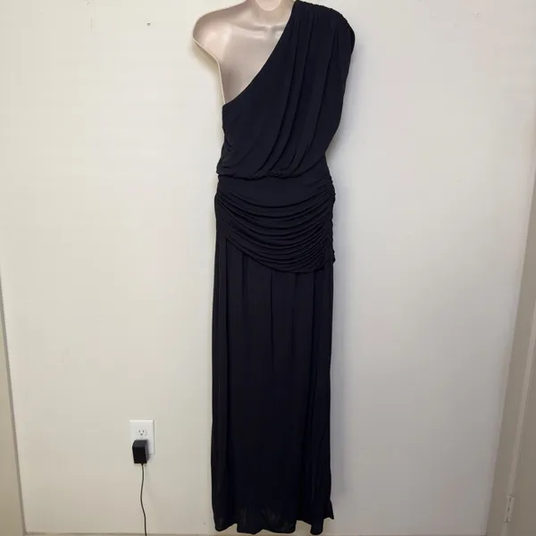 Helsa Women Jersey Dress M Caviar Black One Shoulder Maxi Ruched Formal Gala - Image 7