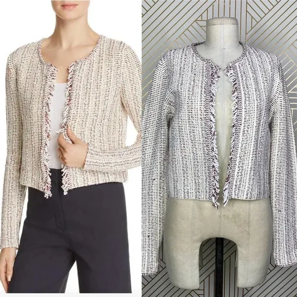 Theory Galinne Speckle Boucle Knit Fringe Sweater Jacket Cream Red Size Small‎ - Image 2