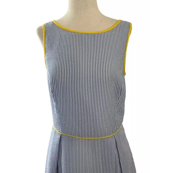 Elle Women Size Small Fit & Flare Seersucker Dress Blue Yellow Pleated | 21-917 - Image 3