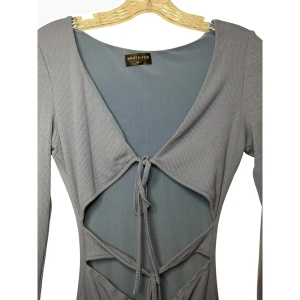 White Fox Boutique Dusty Blue Ribbed Cut Out Tie Front Long Sleeve Mini‎ Dress M - Image 3