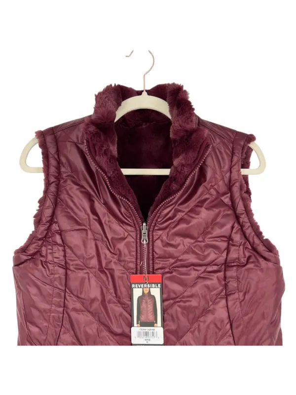 Nicole Miller Reversible Quilted Faux Fur Puffer Vest Wine Burgundy Medium NWT - Image 3