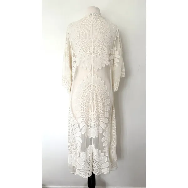 Rebellion Again Ivory Lace Bohemian Floral Mandala Embroidery Kimono Duster S - Image 2