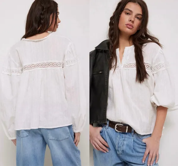 NWT $98 Free People White Ella Dot Peasant-Style Button Up Eyelet Blouse XS - Image 2