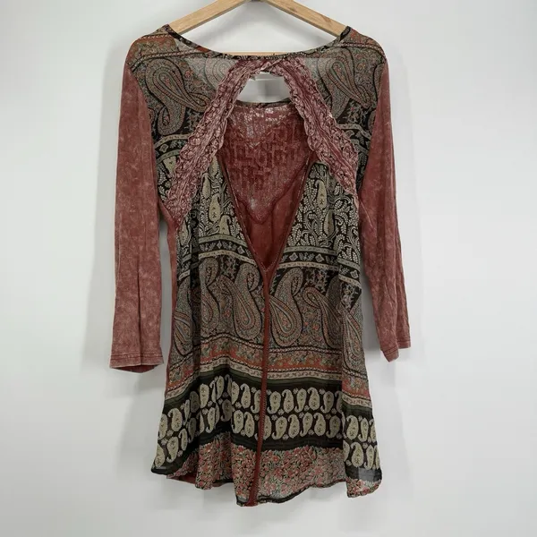 Gimmicks BKE Womens Boho Tunic Top Large Paisley Burnt Pink Open Back Indie - Image 7