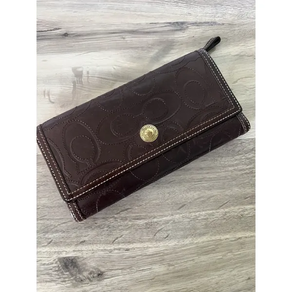 Coach Brown Leather C Monogram Stitched Continental Long Wallet Checkbook - Image 2