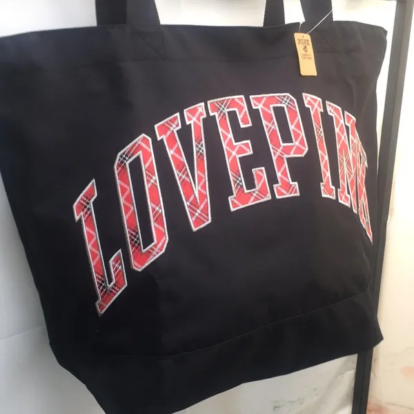 New VS PINK 2022 Black with Plaid Logo Weekender Tote Shoulder Bag - Image 4