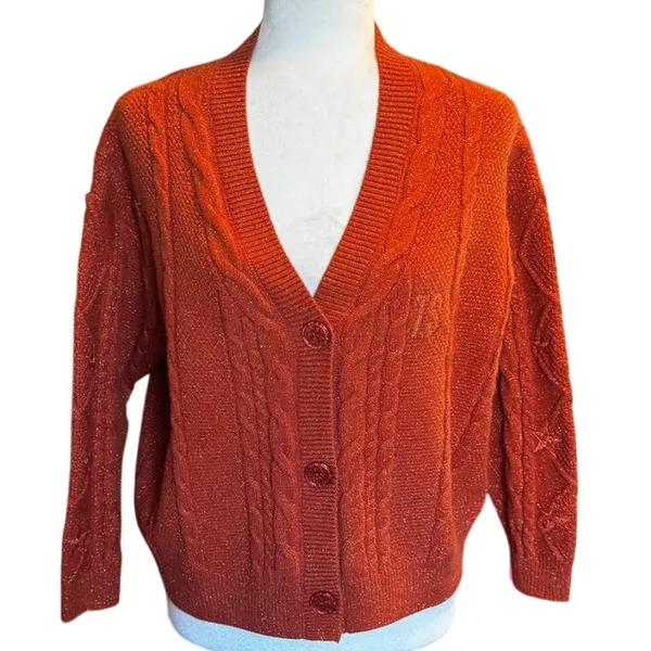 Taylor Swift “Life of a Showgirl” Cardigan Orange Sparkly Cable Knit XS/SM - Image 2