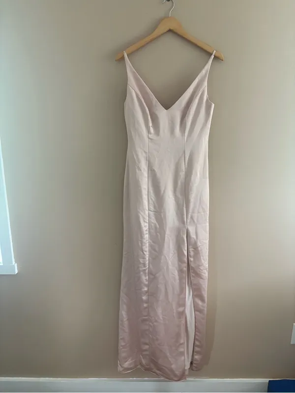 Dessy After Six Draped COWL-BACK Princess Line Dress FRONT SLIT in Cameo Size 4 - Image 3