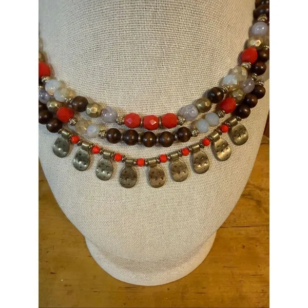 Three Layered Strand Red Brown Gold White Beaded Necklace 18" Gold Toned Chain ( - Image 3