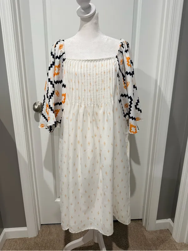 Boutique White Smocked Midi Dress Aztec Puff Sleeve XL - Image 2