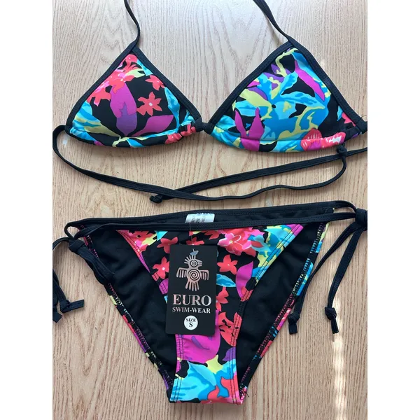New Womens Euro Floral Print 2pc String Bikini Black blue pink purple aqua Small - Image 2