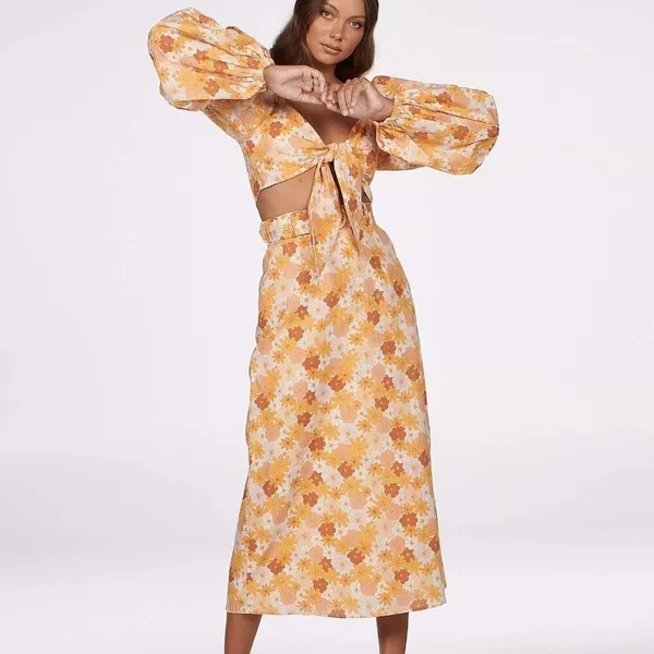Charlie Holiday Cindy Floral Crop Top Maxi Skirt Set Retro Boho Vacation 2 Piece - Image 2