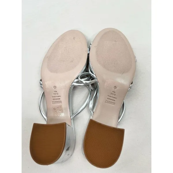 Schutz Silver Strappy Design Block Heel Open Toe Sandal Leather Womens Size 8.5B - Image 9