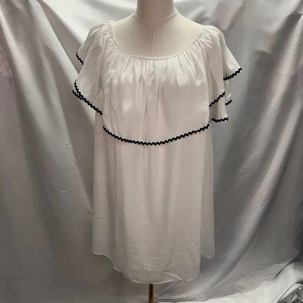 Entro‎ White Off the Shoulder Dress Womens Small Relaxed Blue Trim Flowy - Image 2