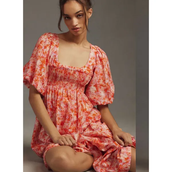 Anthropologie Smocked Babydoll Midi Dress Pink Orange Floral M Medium - Image 2