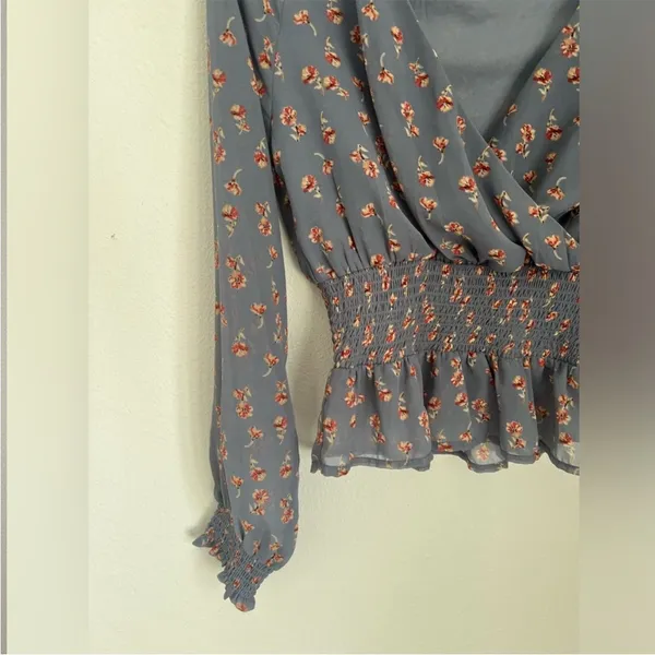 Japna Floral V Neck Shirt Smocked Waist Long Sleeve Womens Blouse - Image 7