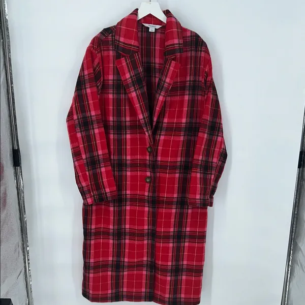Old Navy Women’s Long Coat Red Tartan Plaid Oversized Soft Brushed Duster~L - Image 3