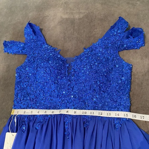 Women’s Blue A-Line Lace Appliqué Bridesmaid Party Dress Leg Slit Size 10 NWT - Image 8