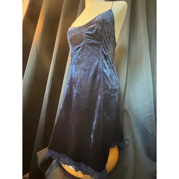 Intimately Free People Navy Blue Crushed Velvet Lace Trim Slip Dress Sm OB690264 - Image 4