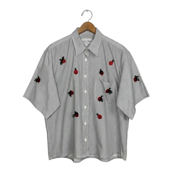 Las Olas Vintage Pinstripe Ladybug Embroidered Short Sleeve Button Down Shirt Lg - Image 2